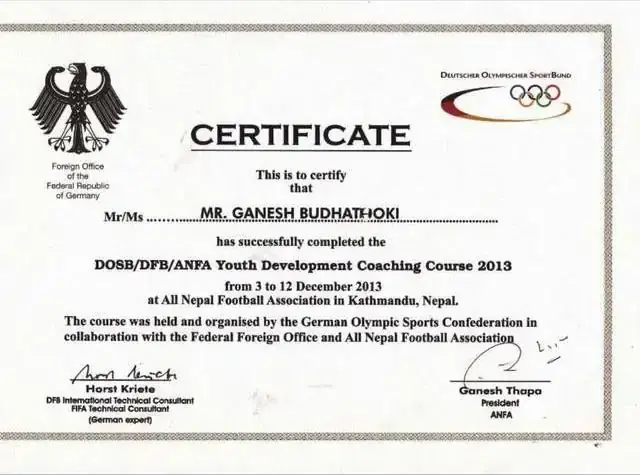 DOSB DFB ANFA Youth Development Coaching Course certificate