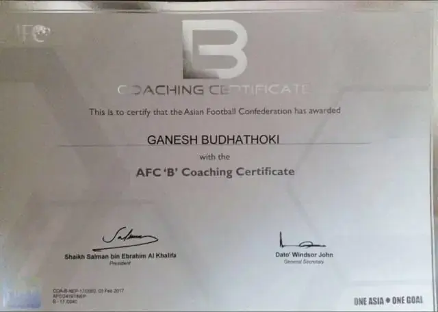 AFC B Coaching Certificate awarded to Ganesh Budhathoki