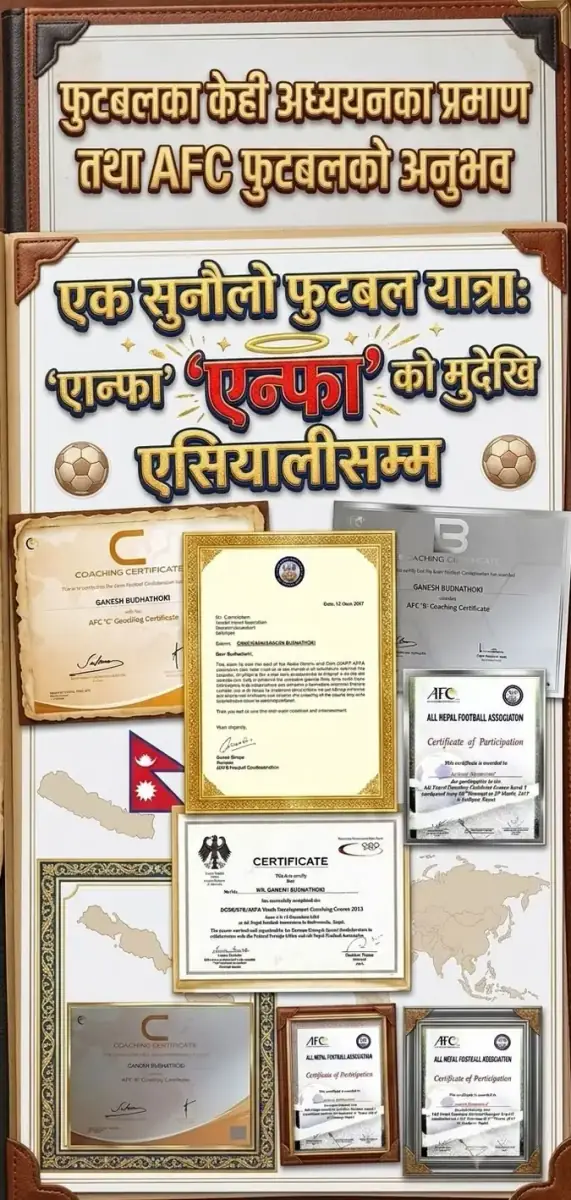 फुटबल अध्ययनका प्रमाणपत्रहरू — AFC B, AFC C, DOSB/DFB/ANFA — एन्फादेखि एसियालीसम्मको सुनौलो फुटबल यात्रा