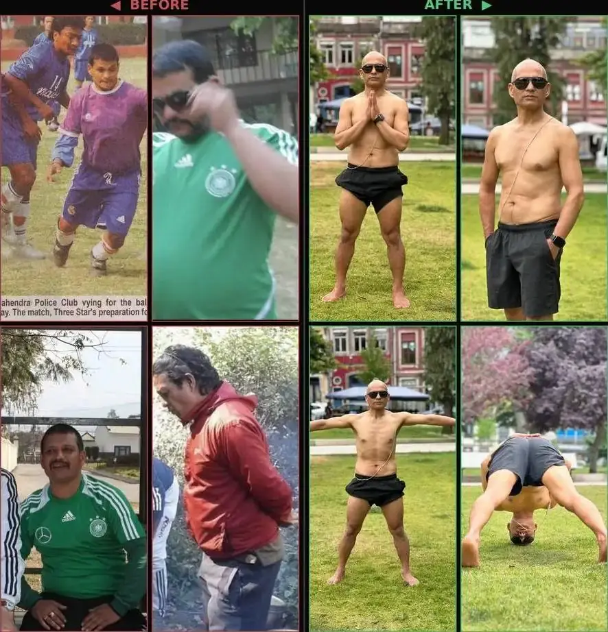 Before and after transformation collage: football era and heavier years to barefoot yoga today