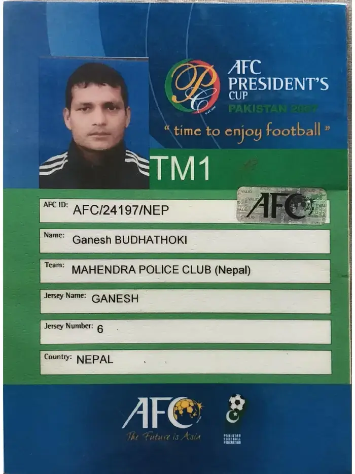AFC President's Cup को आधिकारिक खेलाडी परिचय-पत्र — गणेश बुढाथोकी, जर्सी नं. ६ | Official AFC President's Cup player ID card — Ganesh Budhathoki, jersey no. 6